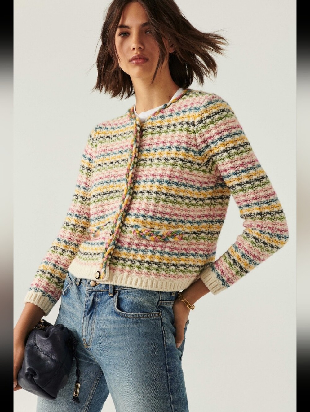 ba&sh Bianca Wool Blend Cardigan Multi Color Striped Knit Sweater